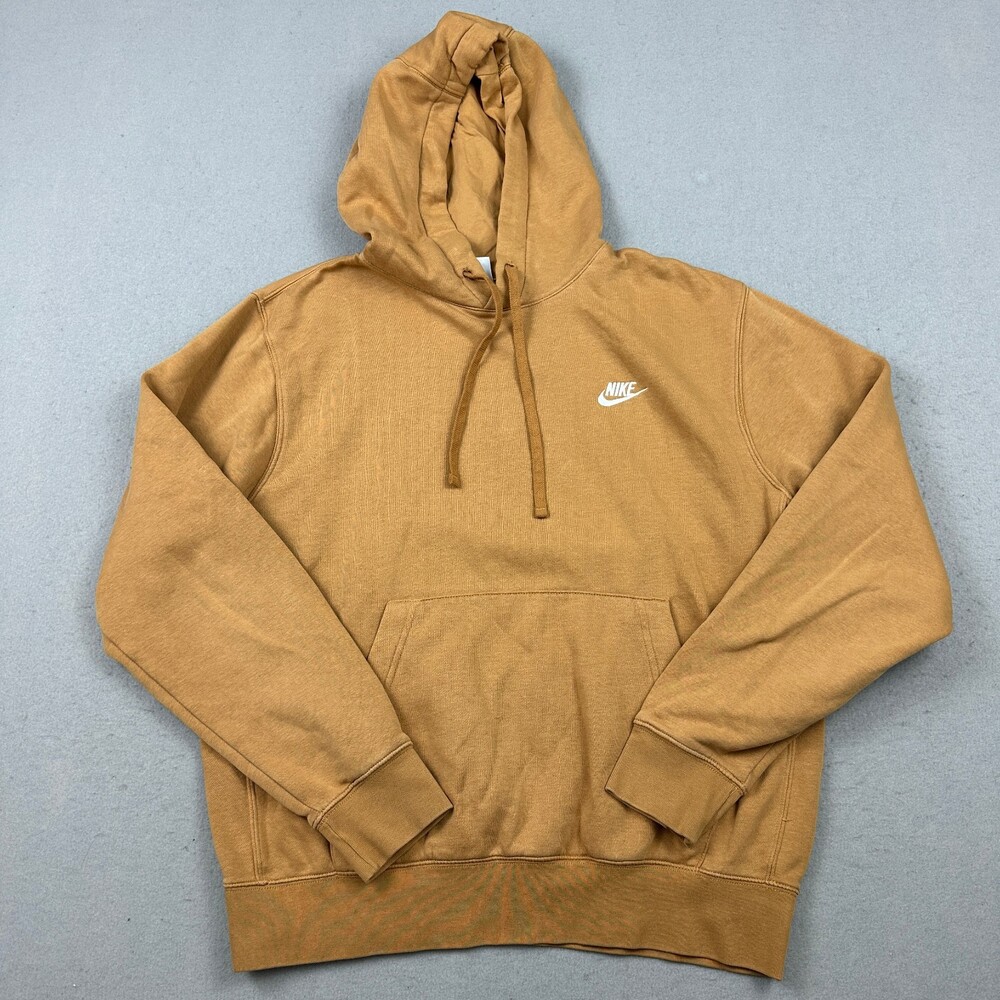Nike Hoodie Men Medium Brown Solid Club Fleece Pullover Drawstring Sports M